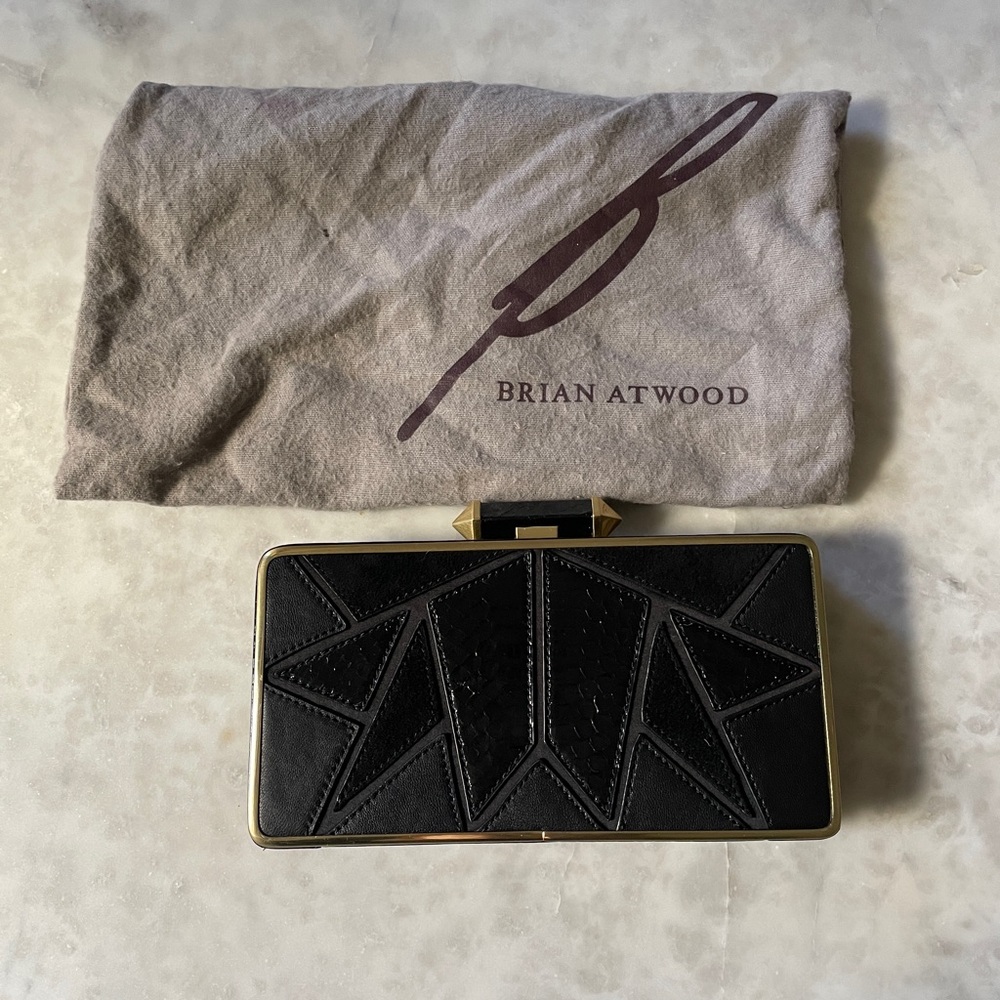 Vintage Brian Atwood leather and gold framed clutch